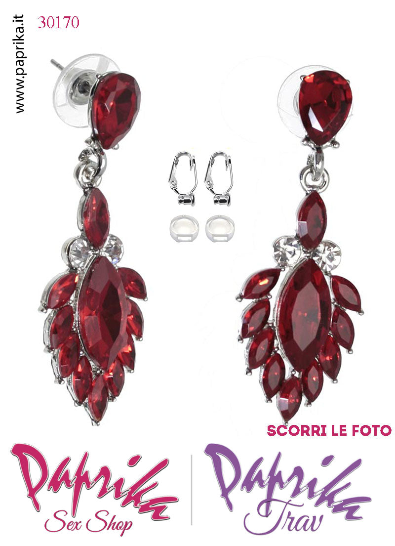 Orecchini Pendenti Fiore 5 cm Strass Rossi Metallo Perno Clip Omaggio
