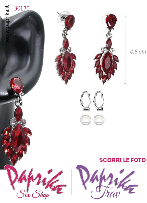 Orecchini Pendenti Fiore 5 cm Strass Rossi Metallo Perno Clip Omaggio