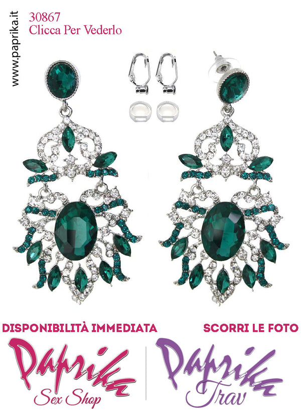 Orecchini Pendenti Fiore Grande 5 cm Strass Verde e Trasparenti Clip Omaggio