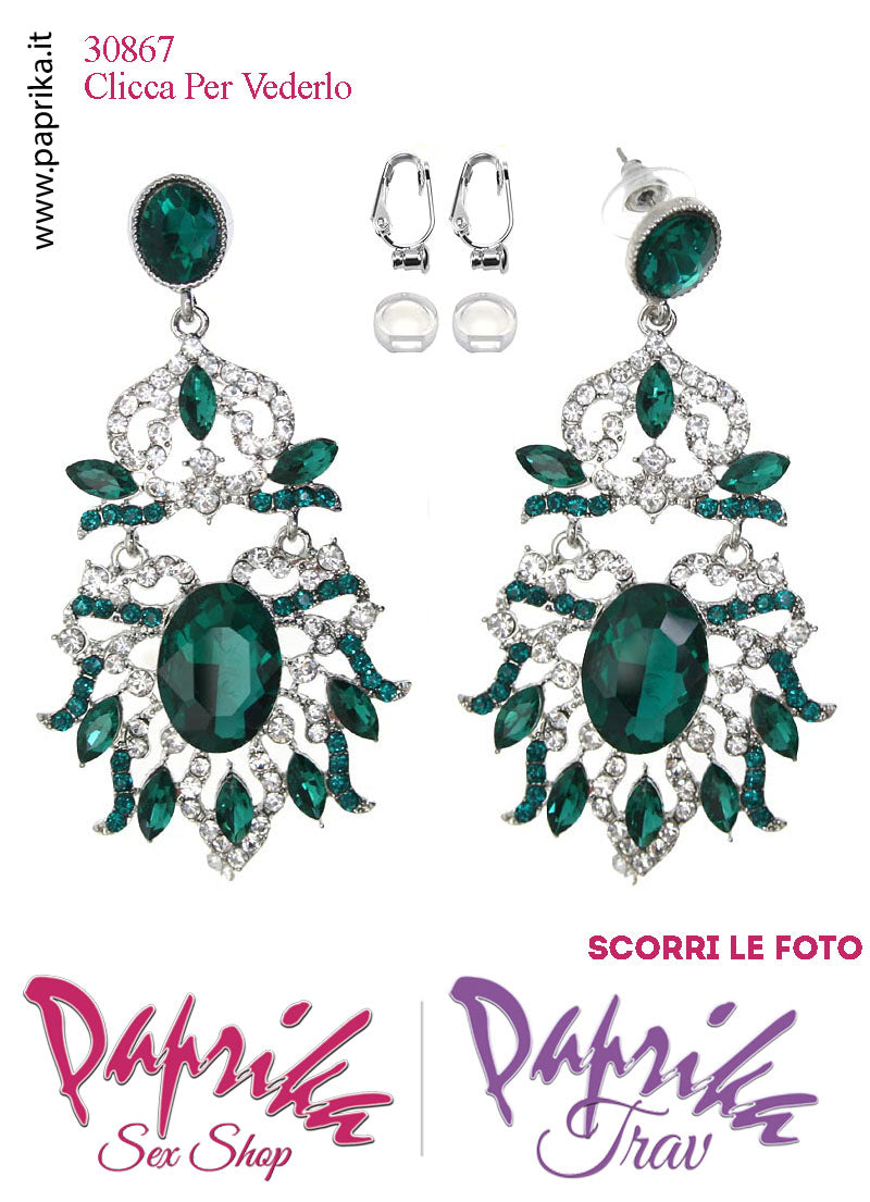 Orecchini Pendenti Fiore Grande 5 cm Strass Verde e Trasparenti Clip Omaggio