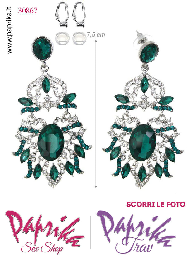 Orecchini Pendenti Fiore Grande 5 cm Strass Verde e Trasparenti Clip Omaggio