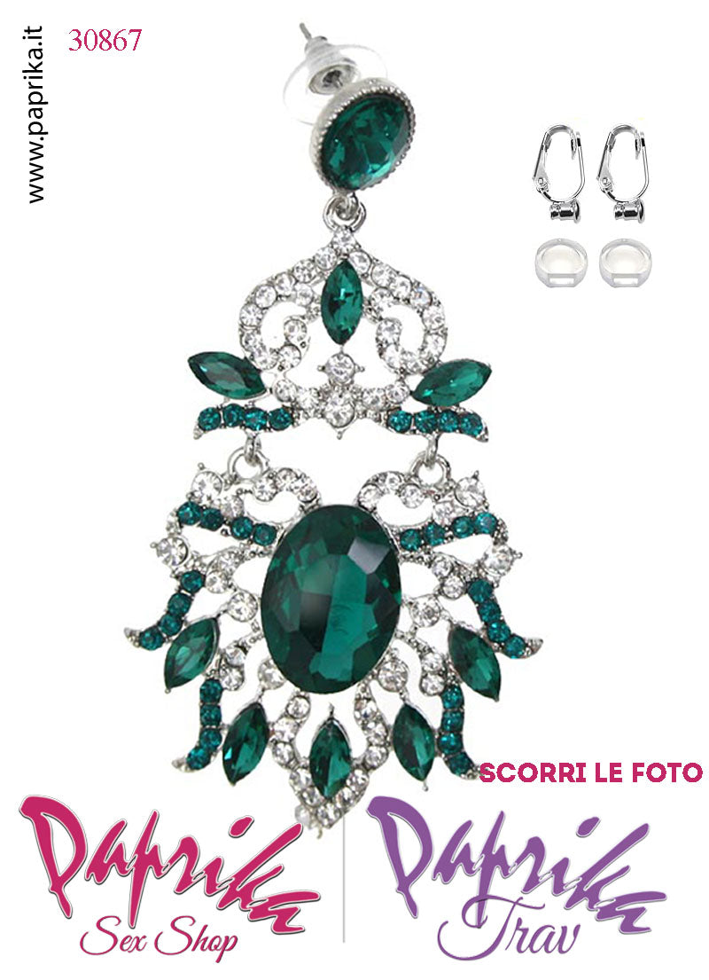 Orecchini Pendenti Fiore Grande 5 cm Strass Verde e Trasparenti Clip Omaggio