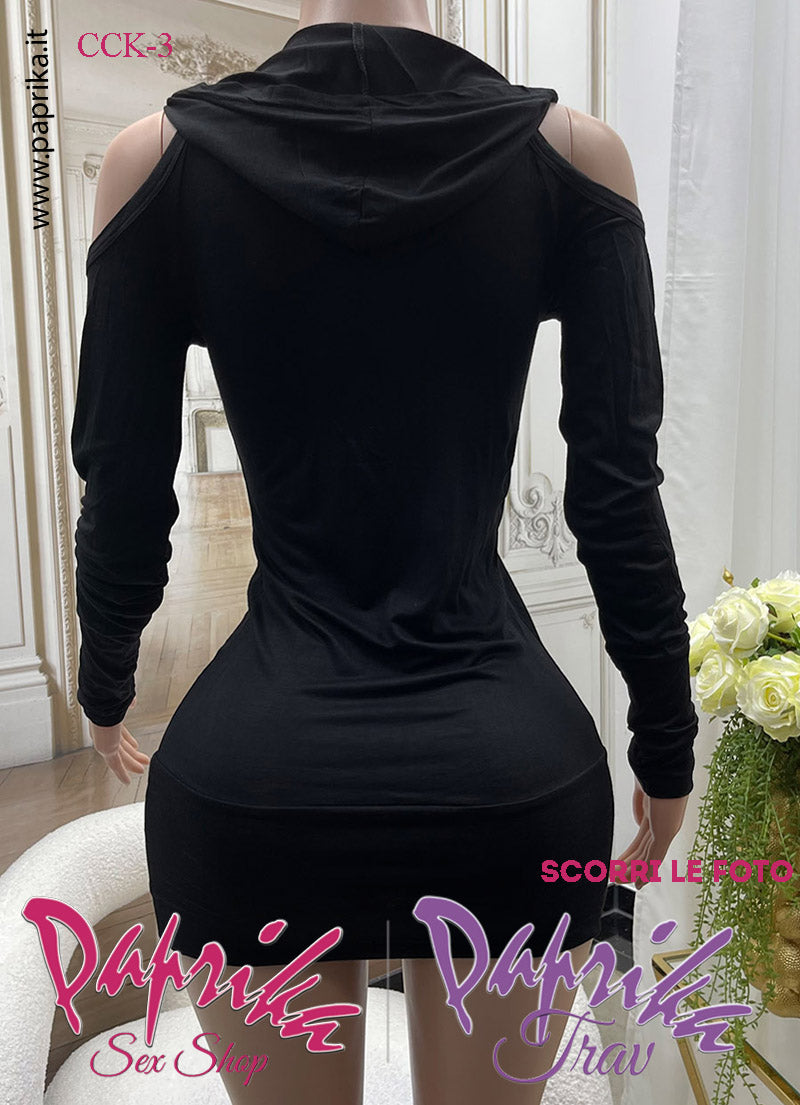 Abito Vestitino Sexy Maniche Lunghe Nero Cerniere Oro Cappuccio