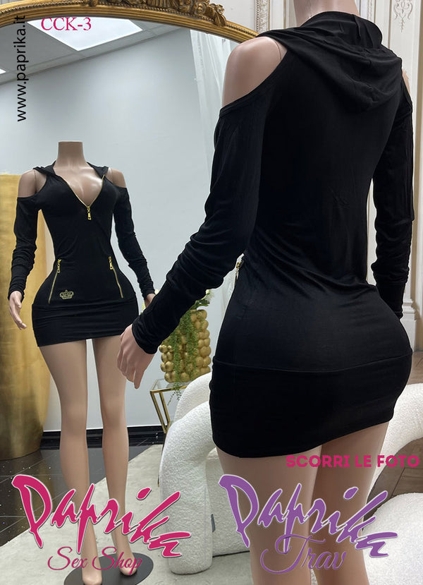 Abito Vestitino Sexy Maniche Lunghe Nero Cerniere Oro Cappuccio