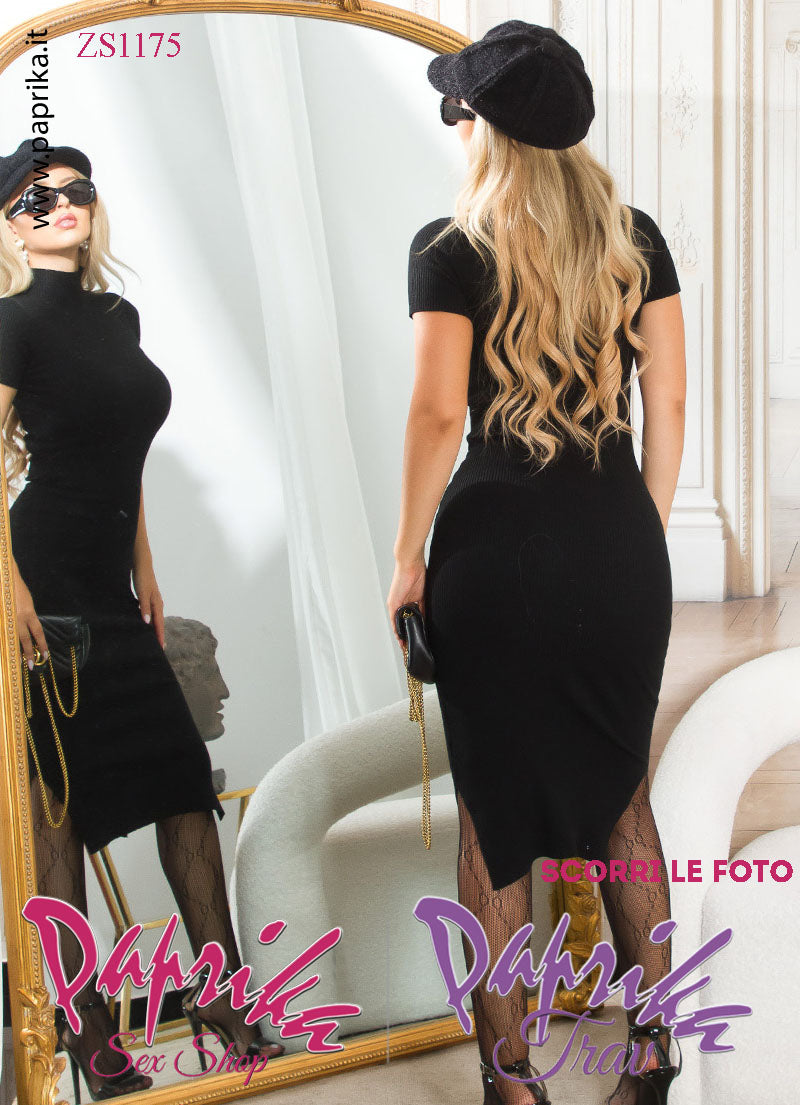 Abito Tubino Sexy Longuette Maniche Corte 2 Spacchi Inferiori Colletto