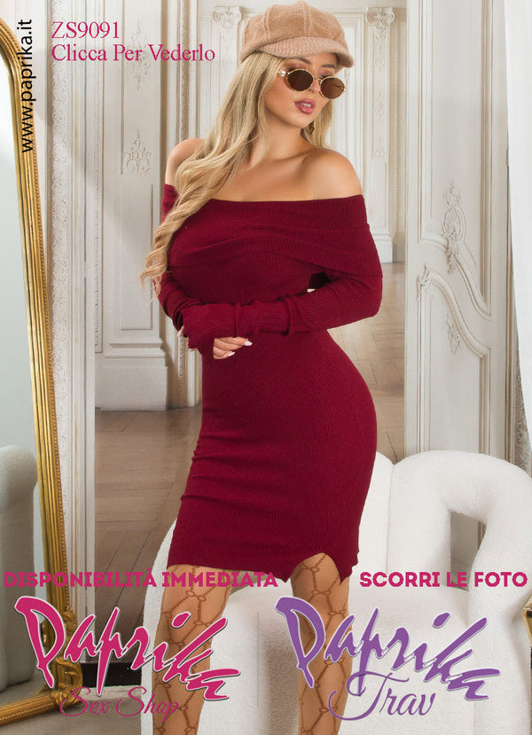 Abito Vestitino Tessuto Bordeaux Super Elasticizzato Maniche Lunghe Collo Ampio