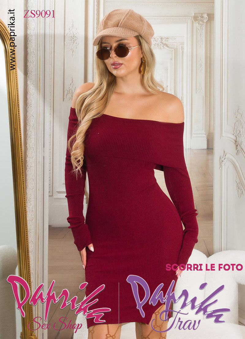 Abito Vestitino Tessuto Bordeaux Super Elasticizzato Maniche Lunghe Collo Ampio