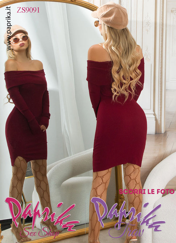 Abito Vestitino Tessuto Bordeaux Super Elasticizzato Maniche Lunghe Collo Ampio