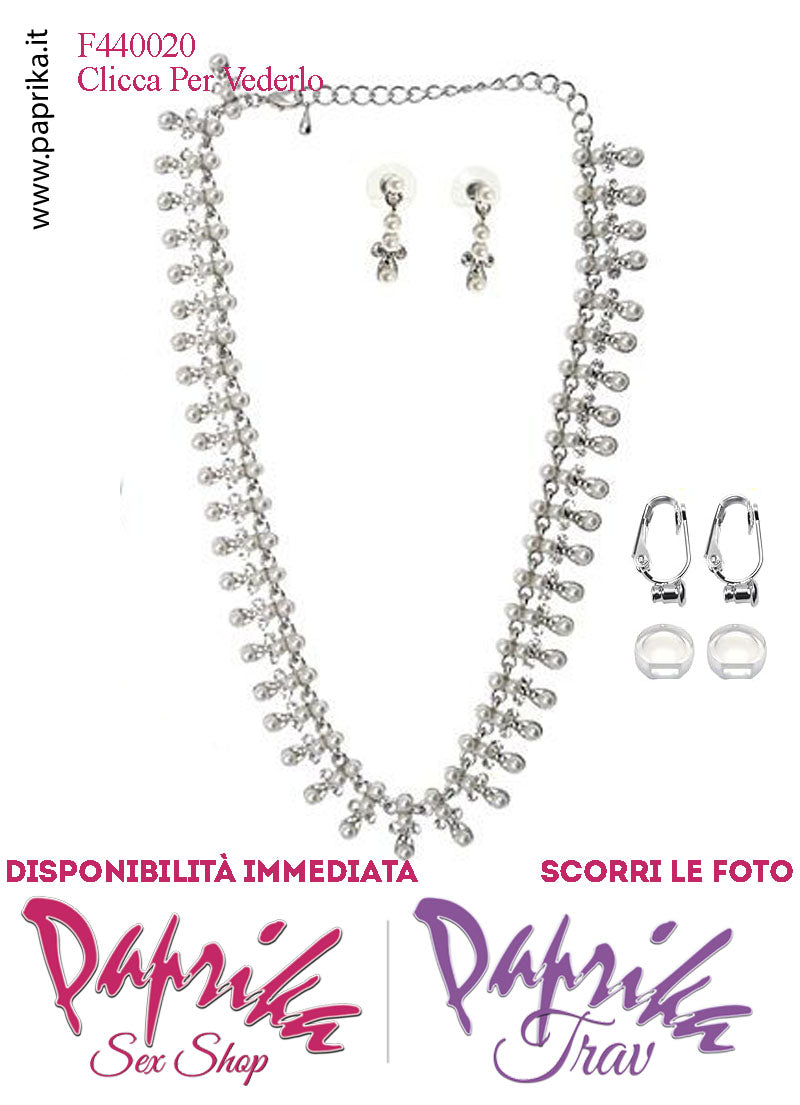 Parure Collana Orecchini Pendenti Bigiotteria Strass Trasparenti Perline Bianche Clip
