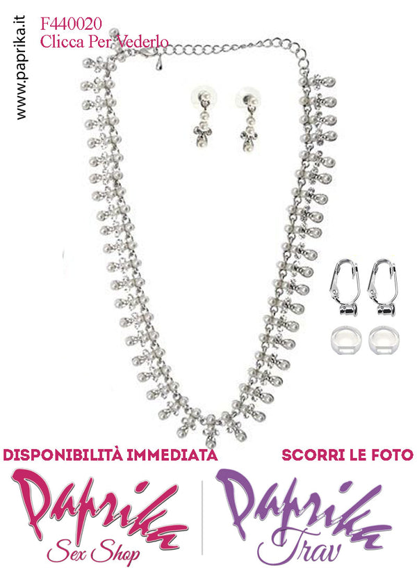 Parure Collana Orecchini Pendenti Bigiotteria Strass Trasparenti Perline Bianche Clip