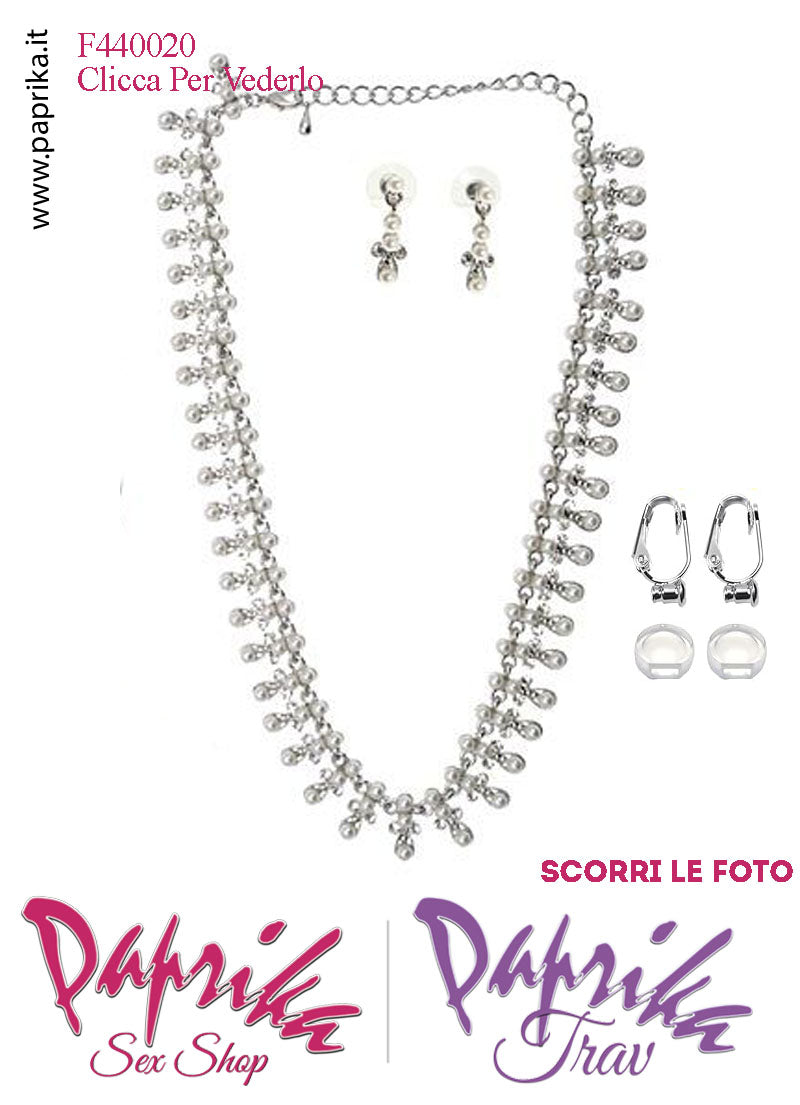 Parure Collana Orecchini Pendenti Bigiotteria Strass Trasparenti Perline Bianche Clip