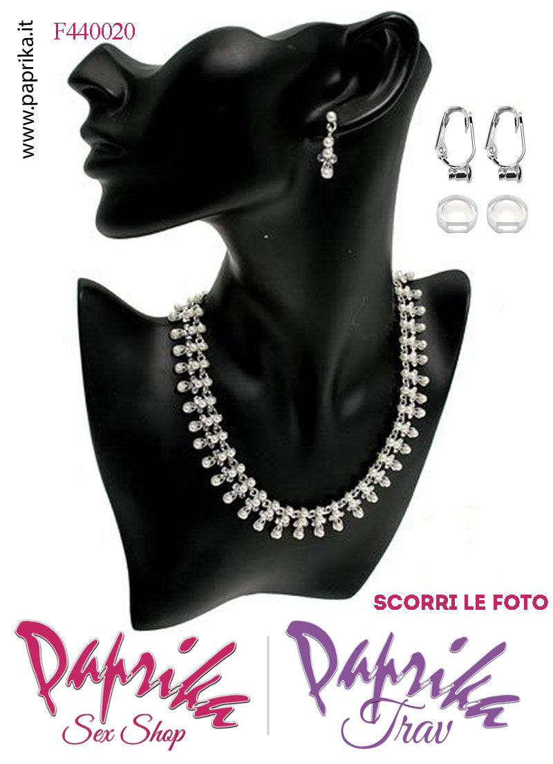 Parure Collana Orecchini Pendenti Bigiotteria Strass Trasparenti Perline Bianche Clip