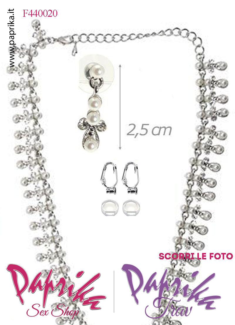 Parure Collana Orecchini Pendenti Bigiotteria Strass Trasparenti Perline Bianche Clip
