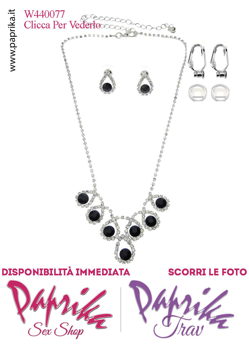 Parure Bigiotteria Collana Girocollo Strass Neri Orecchini Clip Omaggio