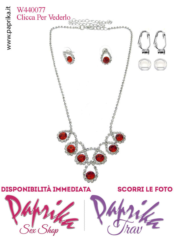 Parure Bigiotteria Collana Girocollo Strass Rossi Orecchini Clip Omaggio