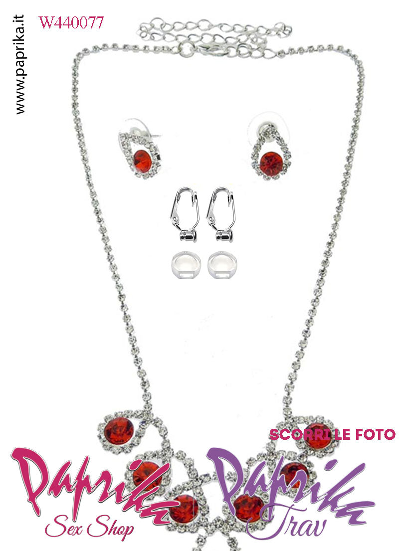 Parure Bigiotteria Collana Girocollo Strass Rossi Orecchini Clip Omaggio