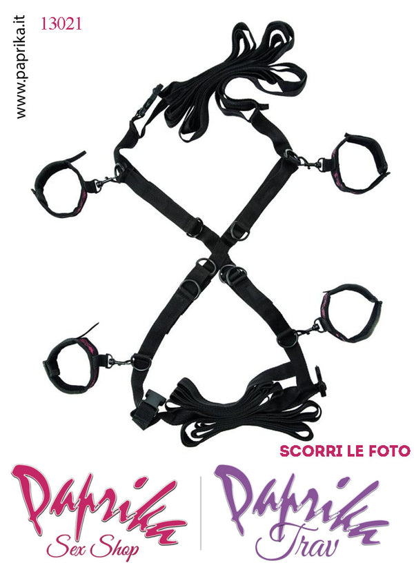 Set Bondage Letto Manette Cavigliere Bicolore Moschettoni Cinghie