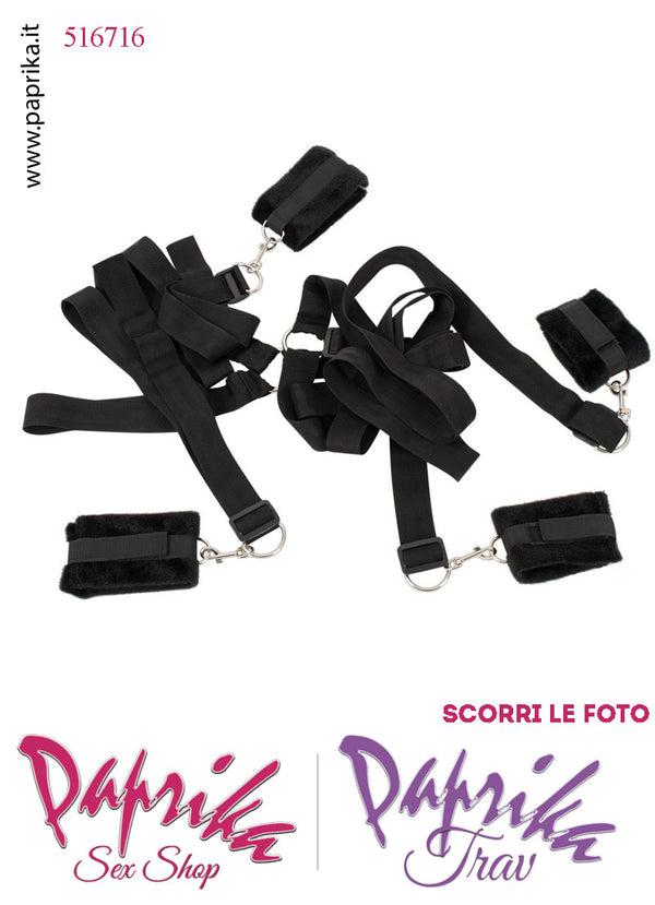 Set Bondage Letto 5 Pezzi Polsiere Cavigliere Morbide Cinghie Lunghe