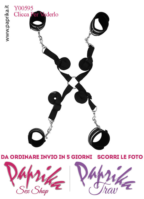 Set Bondage Letto Manette Cavigliere Imbottite Bicolore Moschettoni Cinghie