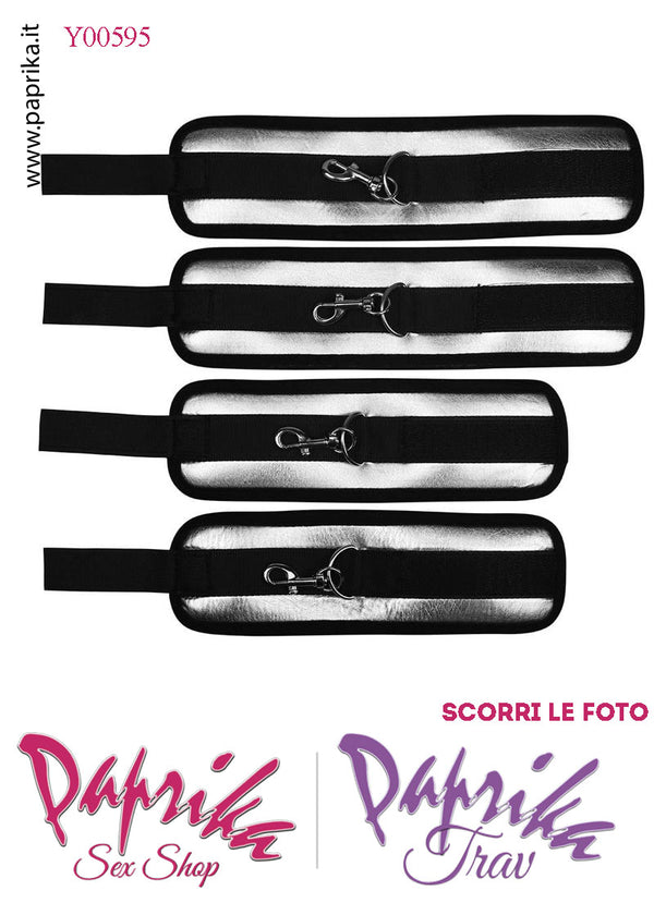 Set Bondage Letto Manette Cavigliere Imbottite Bicolore Moschettoni Cinghie