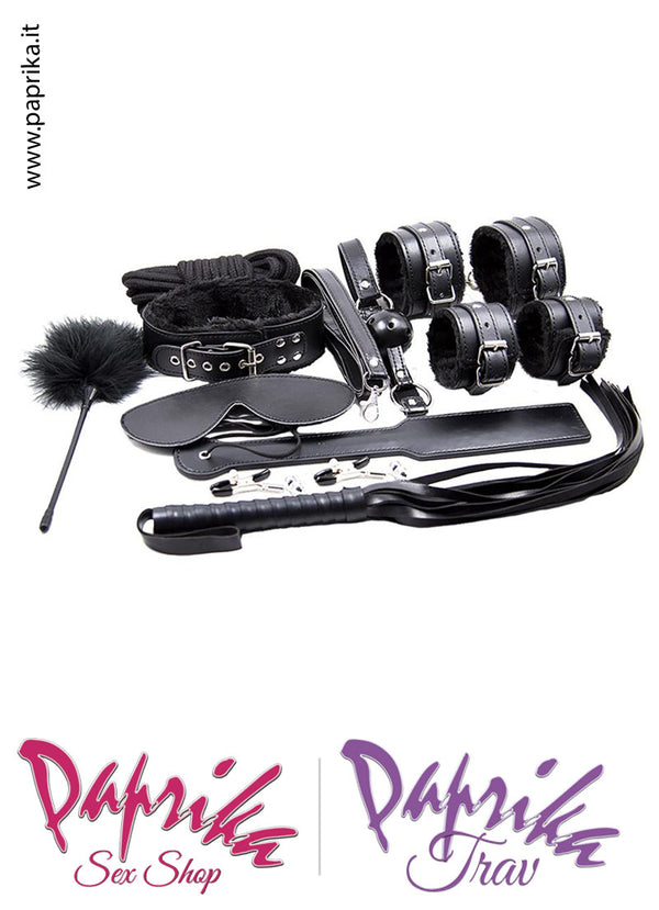 Set Kit Bondage Sadomaso Bdsm Soft 10 Pezzi Ecopelle Nera