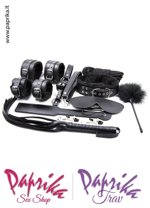 Set Kit Bondage Bdsm Sadomaso Soft 10 Pezzi Ecopelle Nera
