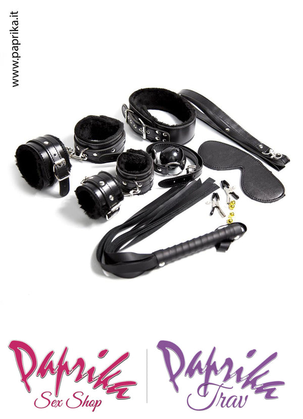 Set Kit Bondage Bdsm Sadomaso Soft 7 Pezzi Ecopelle Nera