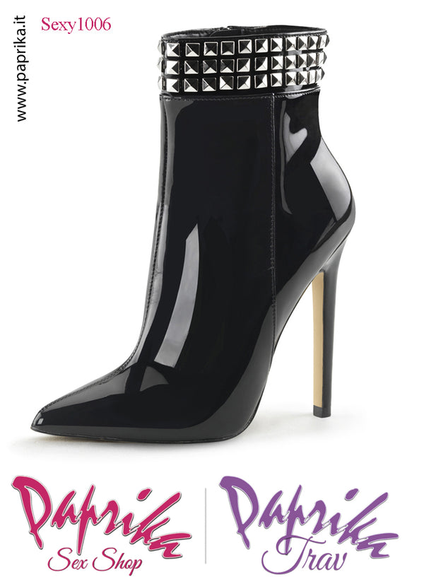 Stivaletti Corti 3 File Borchie Vernice Lucida Tacco 12.7 Senza Zappa Cerniera Interna