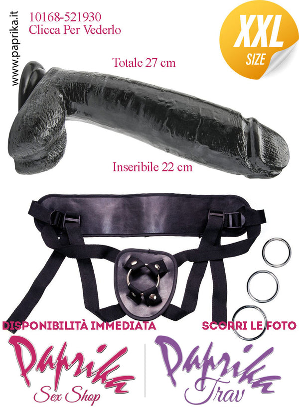 Strap-On Fallo Nero XXL Non Vibrante 22/27 cm Ø 62 Mutanda 3 Anelli Acciaio