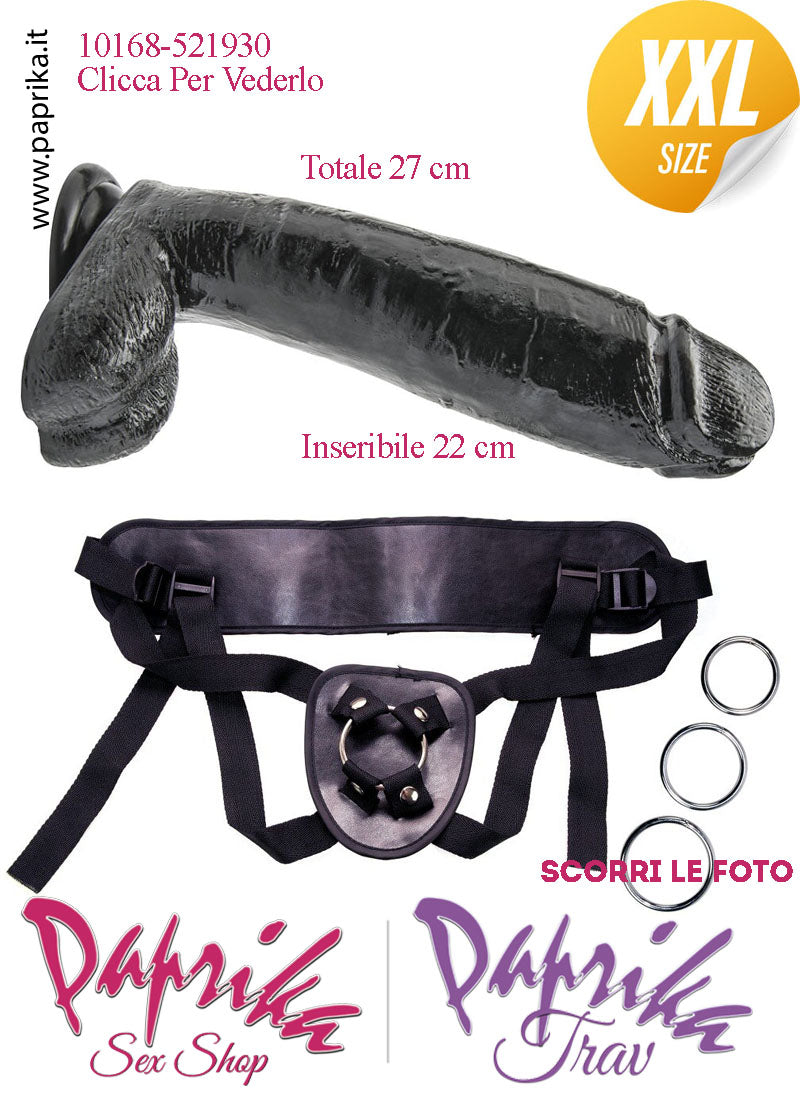 Strap-On Fallo Nero XXL Non Vibrante 22/27 cm Ø 62 Mutanda 3 Anelli Acciaio
