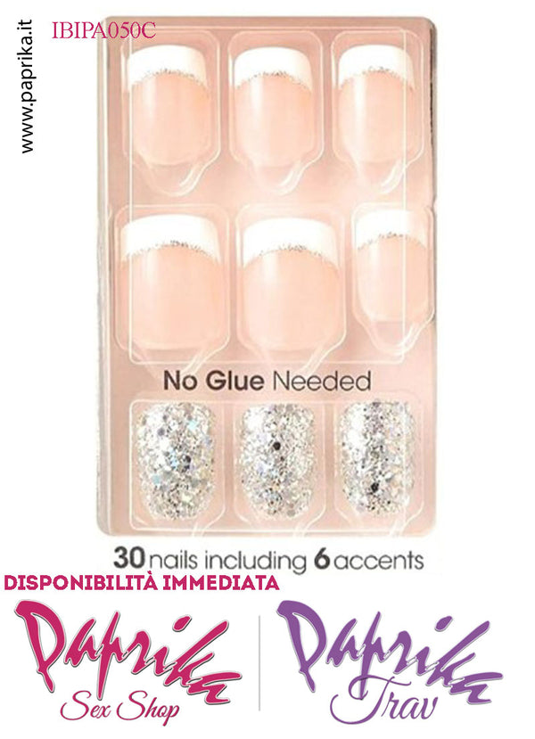 Unghie Finte Unisex Autoincollanti Biadesivo Nudo French Glitterato 30 Pz.