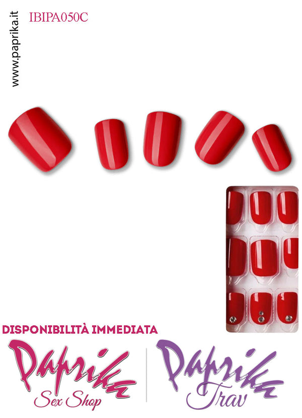 Unghie Finte Unisex Autoincollanti Biadesivo Rosso Vivo Strass 30 Pz.