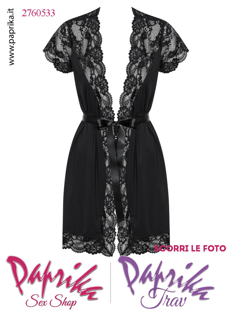 Vestaglia Sexy Corta Raso Pizzo Maniche Corte Cintura Raso Senza Perizoma