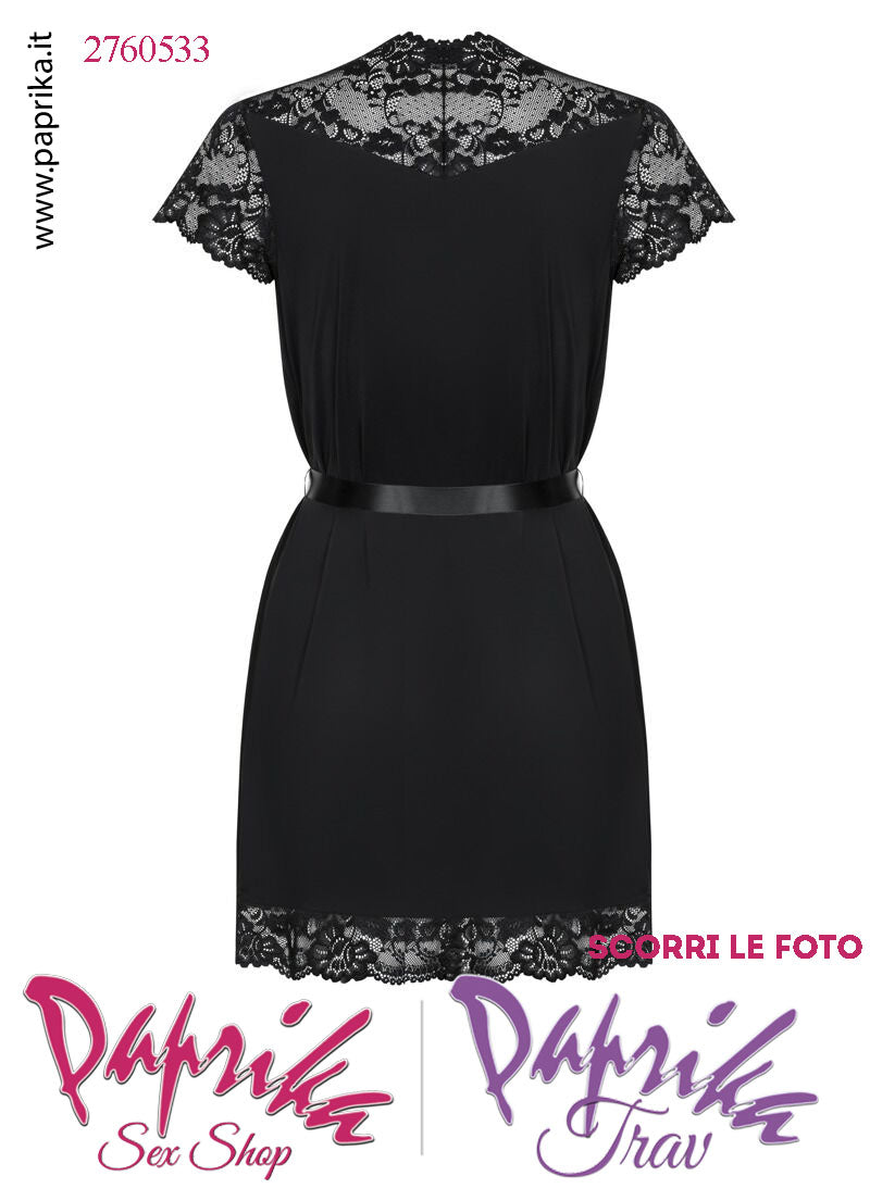 Vestaglia Sexy Corta Raso Pizzo Maniche Corte Cintura Raso Senza Perizoma