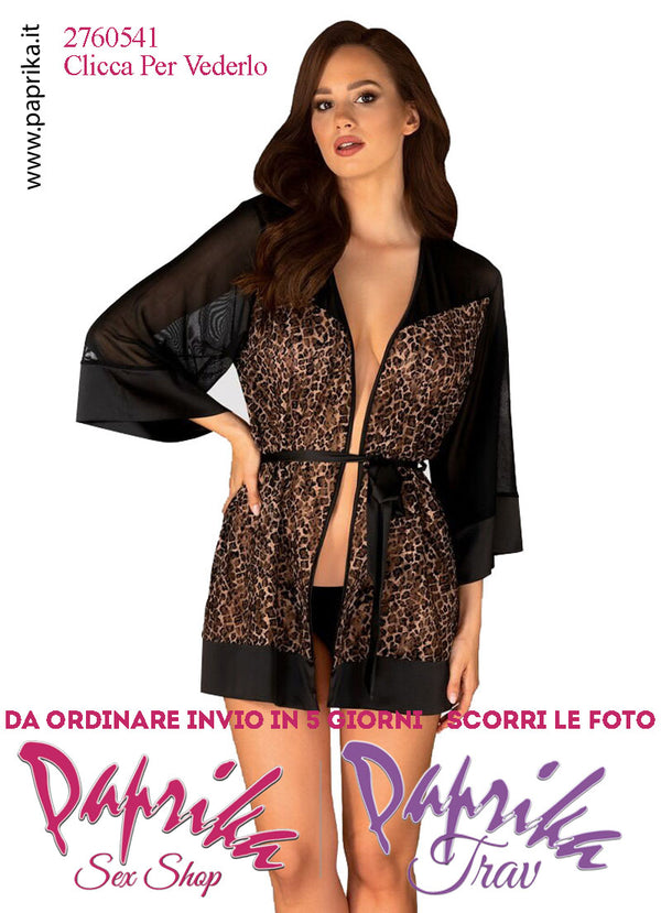 Vestaglia Sexy Corta Tulle Stampa Leopardata Maniche Corte Cintura Raso