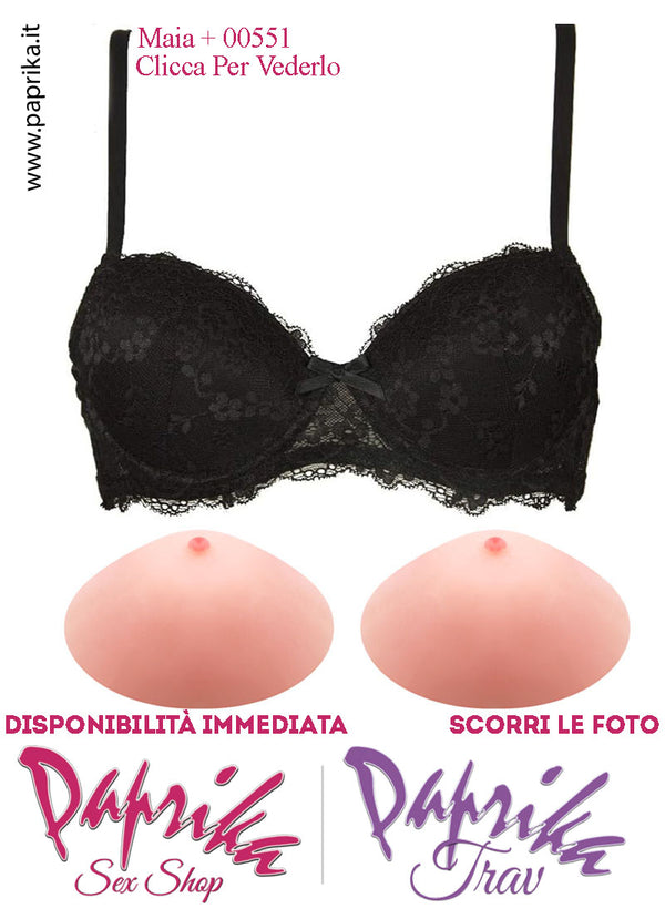 Set Seno Silicone 1^ + Reggiseno Pizzo Nero Non Imbottito