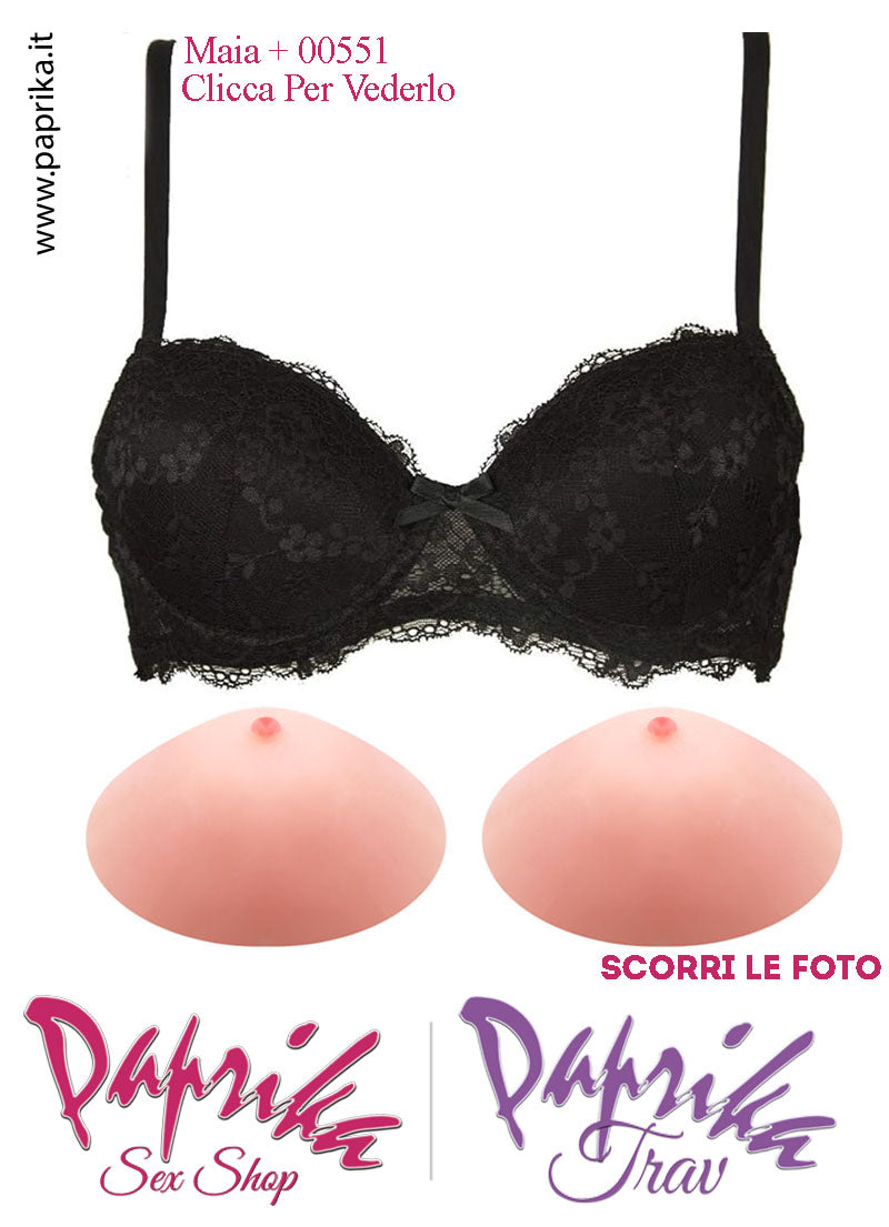 Set Seno Silicone 1^ + Reggiseno Pizzo Nero Non Imbottito