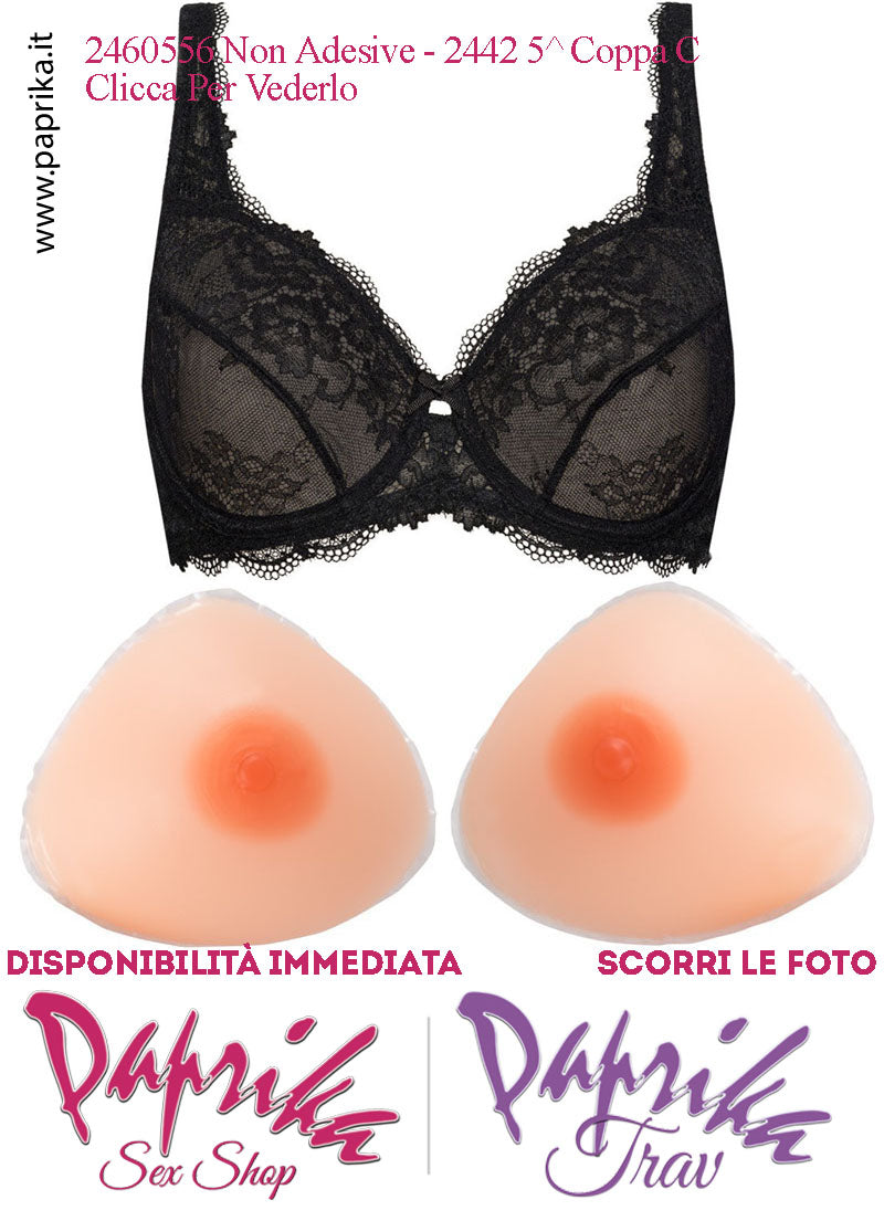 Set Seno Silicone 4^ + Reggiseno Pizzo Nero Non Imbottito Coppa C