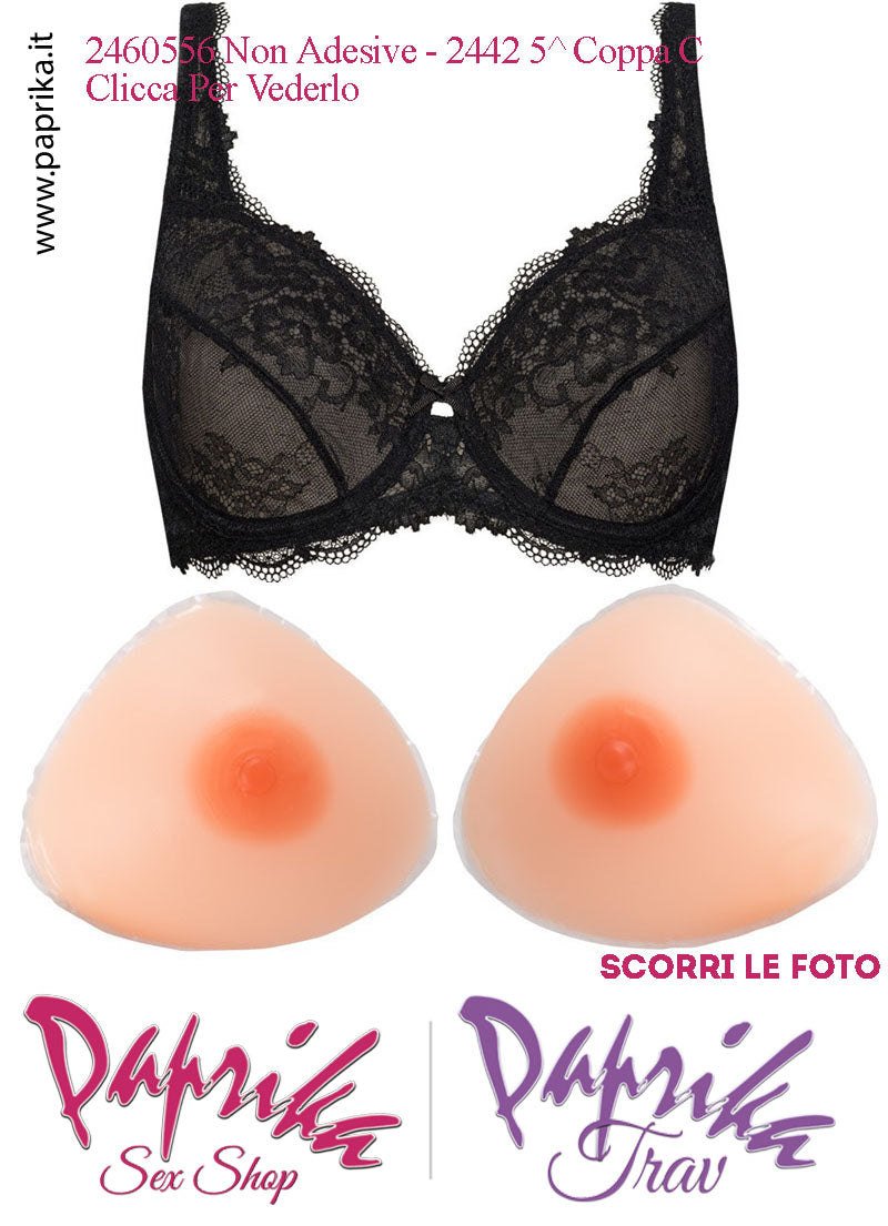 Set Seno Silicone 4^ + Reggiseno Pizzo Nero Non Imbottito Coppa C