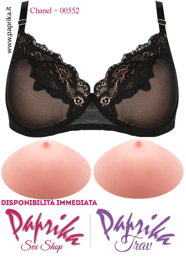 Set Seno Silicone 3^ + Reggiseno Nudo Pizzo Nero Non Imbottito Coppa C