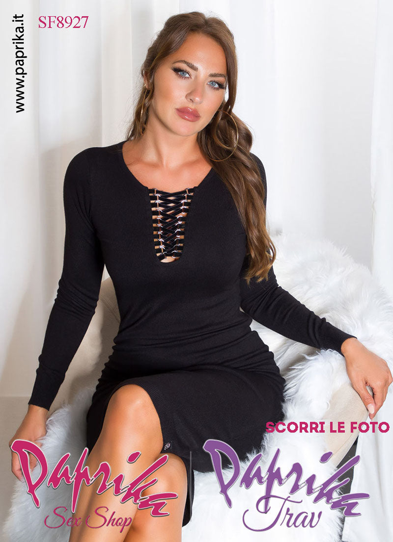 Abito Longuette Nero Aderente Maniche Lunghe Incrocio Davanti Anelli