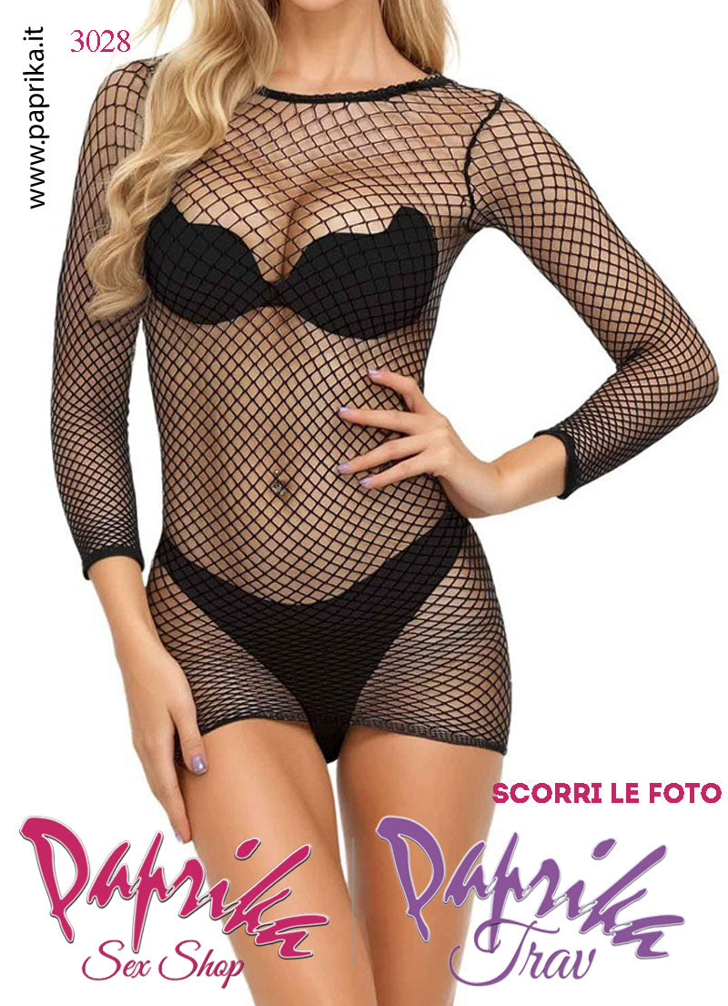 Abito Sexy Corto Aderente rete Piccola Elasticizzata Trasparente Maniche Lunghe