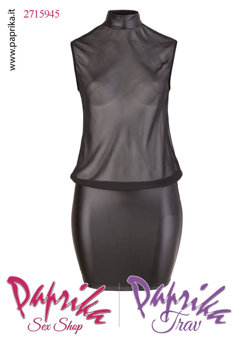 Abito Sexy Corto XXL Curvy Nero WetLook Tulle Trasparente Colletto Basso