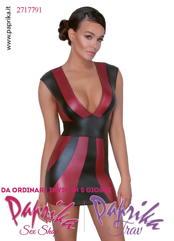 Abito Corto Fetish Wetlook Lucido Nero Rosso Ampia Scollatura
