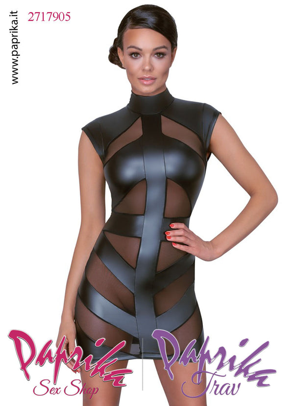 Abito Corto Fetish Wetlook Opaco Nero Inserti Retina Trasparente
