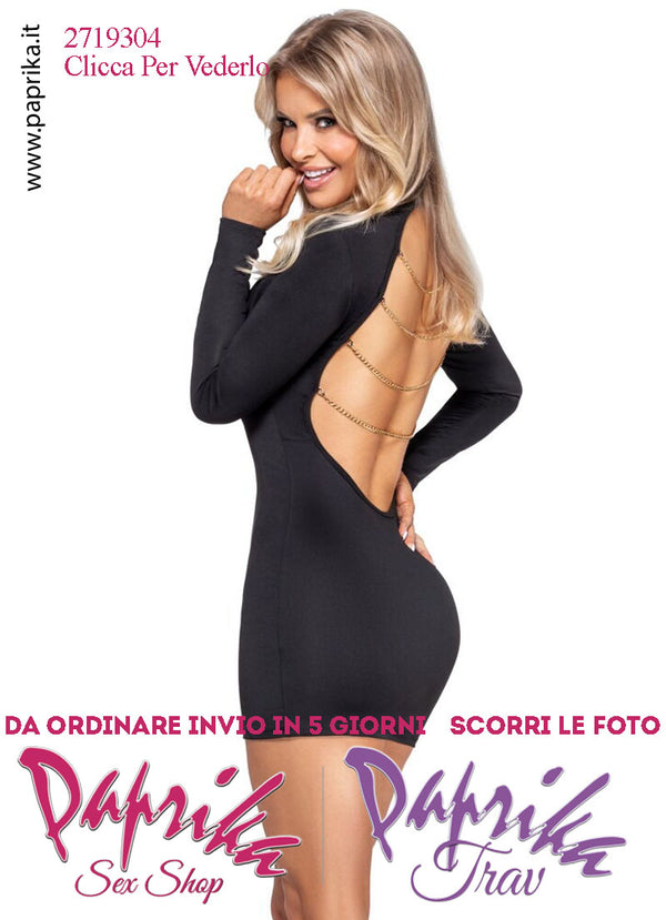 Abito Sexy Corto Aderente Schiena Nuda Catenelle Oro Maniche Lunghe