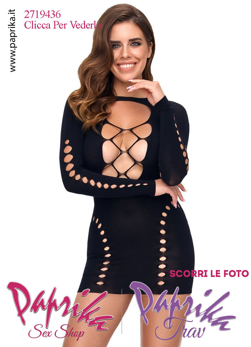 Abito Sexy Corto Aderente Ampia Scollatura Schiena Nuda Maniche Lunghe