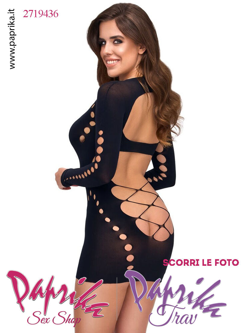 Abito Sexy Corto Aderente Ampia Scollatura Schiena Nuda Maniche Lunghe