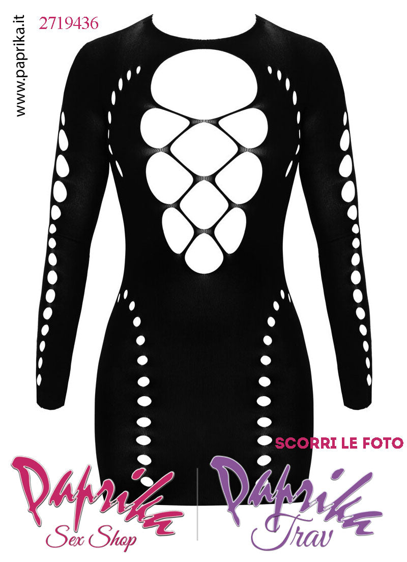 Abito Sexy Corto Aderente Ampia Scollatura Schiena Nuda Maniche Lunghe