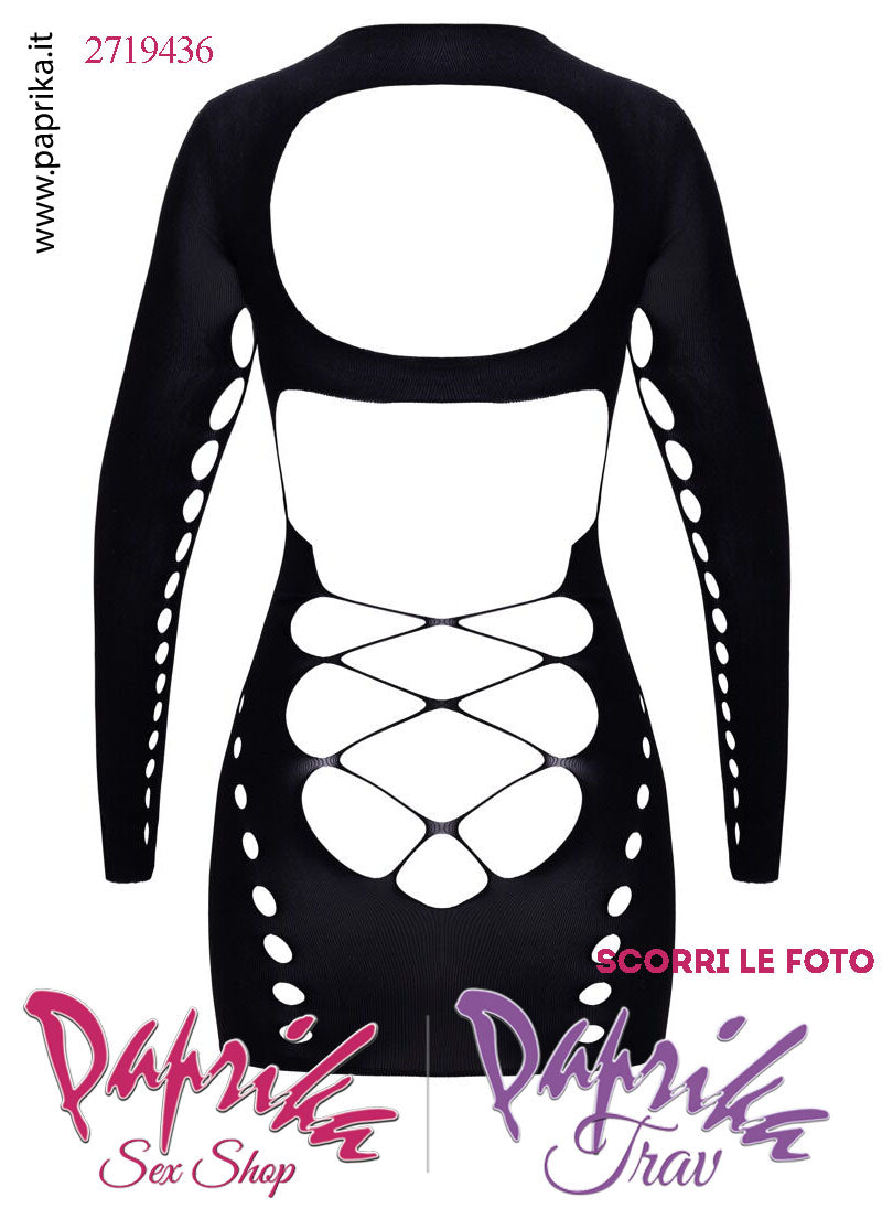 Abito Sexy Corto Aderente Ampia Scollatura Schiena Nuda Maniche Lunghe